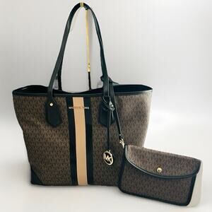 Michael Kors Eva Large Logo Stripe Tote Bag Plus Pouch Black Camel Laptop NWT